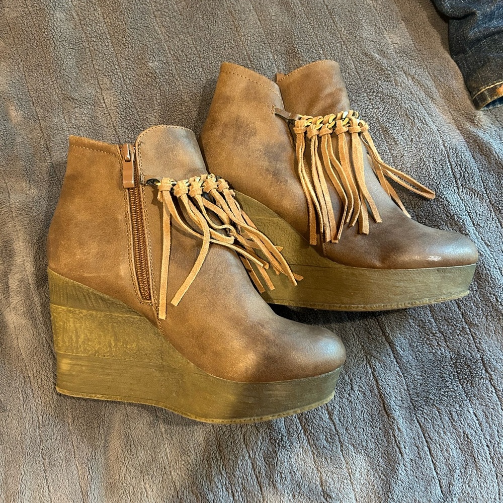 Brown Fringe Wedge Ankle Boots